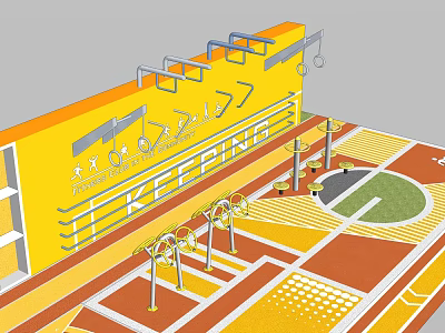 Outdoor Sports Equipment on Yellow Wall with Horizontal Bars Parallel Bars and Activity Ground Area 3d model