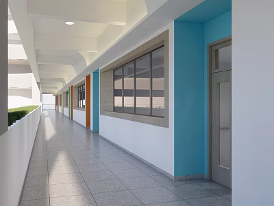 Modern Elevator Corridor Interior With Blue White Walls And Grey Tiled Floor 3d model