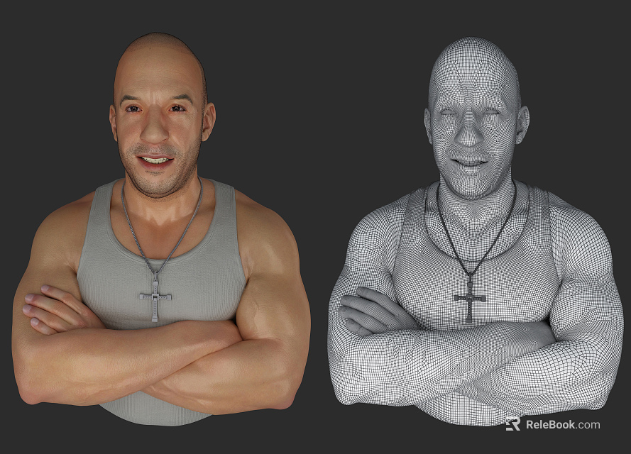 Muscular Man in Grey Tank Top With Cross Necklace Arms Crossed Alongside Wireframe 3d model 