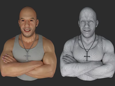 Muscular Man in Grey Tank Top With Cross Necklace Arms Crossed Alongside Wireframe 3d model