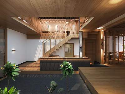 Modern Hotel Lobby Interior Design With Wooden Staircase Green Plants And Warm Lighting 3d model