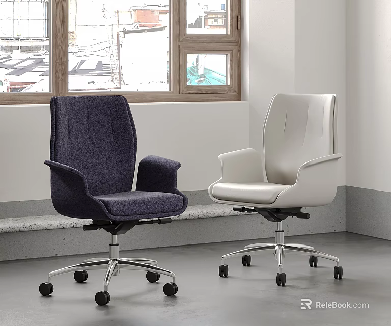 Two Modern Office Chairs Navy Blue And White With Armrests And Wheels 3d model 