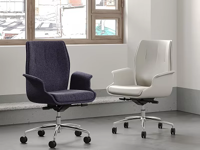 Two Modern Office Chairs Navy Blue And White With Armrests And Wheels 3d model