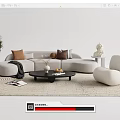 Modern Curved Sofa and Coffee Table Set With Throw Pillows Accent Chair and Woven Rug