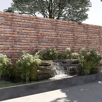 Natural Red Brick Building Exterior Wall With Small Waterfall Green Plants And Stones 3d model