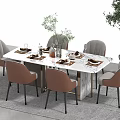 Modern Dining Table Set With Marble Top Gray Brown Chairs And Tableware Plants 3d model