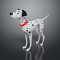 Cute Dalmatian Dog With Red Collar And Yellow Bell Standing On Dark Background