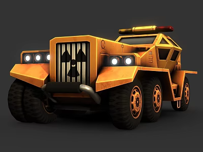 Yellow Armored Military Truck With Radioactive Symbol Siren Light And Multiple Wheels 3d model