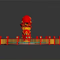 Vibrant Red Yellow Carousel With Decorative Horses Circular Railing And Colorful Rings
