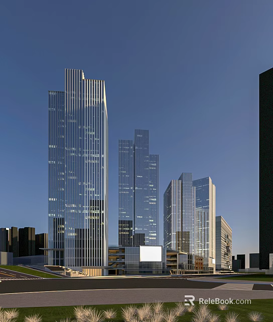 Modern High Rise Office Towers With Glass Facade And Urban Skyline View 3d model 