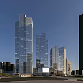 Modern High Rise Office Towers With Glass Facade And Urban Skyline View
