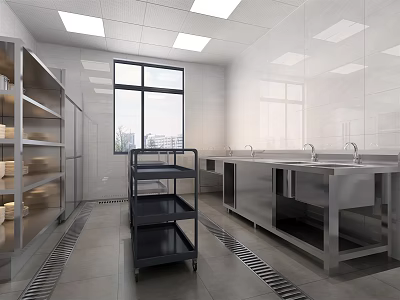 Commercial Kitchen Interior With Stainless Steel Worktables Sinks Rolling Cart And Tile Walls 3d model