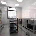 Commercial Kitchen Interior With Stainless Steel Worktables Sinks Rolling Cart And Tile Walls