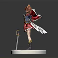3D Anime Character Model With Red Hair Pink Dress And Flag Standing On White Base