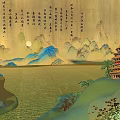 Traditional Chinese Landscape Painting With Distant Mountains Calm Lake Ancient Pagoda And Moon