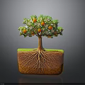 Decorative Potted Tree With Green Leaves Red Fruits And Visible Roots In Square Transparent Container