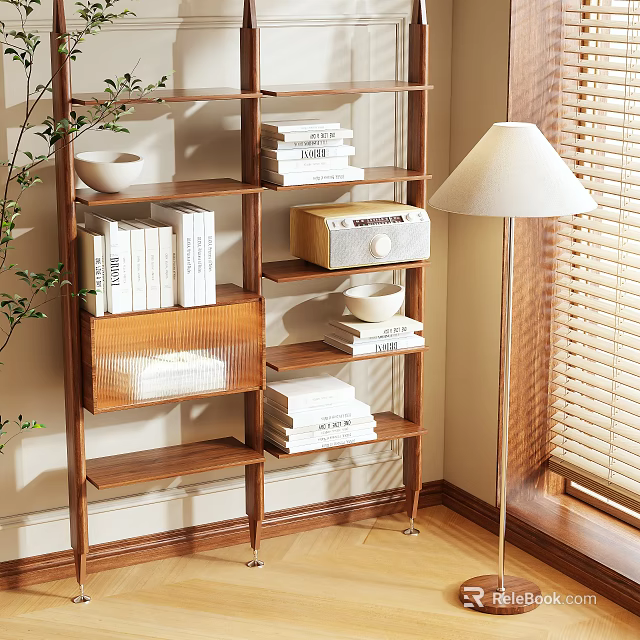 Wooden Shelving Unit With Stacked Books Silver Radio Bowl Indoor Plant Floor Lamp Window Blinds 3d model 