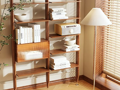 Wooden Shelving Unit With Stacked Books Silver Radio Bowl Indoor Plant Floor Lamp Window Blinds 3d model