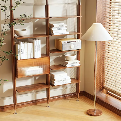 Wooden Shelving Unit With Stacked Books Silver Radio Bowl Indoor Plant Floor Lamp Window Blinds 3d model