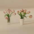 Decorative Ornament Set With Pink Tulips In Clear Glass And White Ceramic Vases