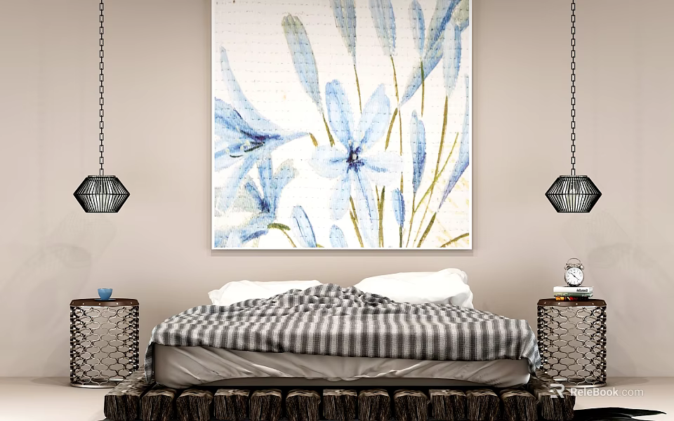 Double Bed With Striped Bedspread Large Floral Painting And Black Geometric Pendant Lights 3d model 