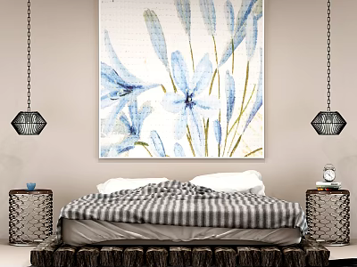 Double Bed With Striped Bedspread Large Floral Painting And Black Geometric Pendant Lights 3d model