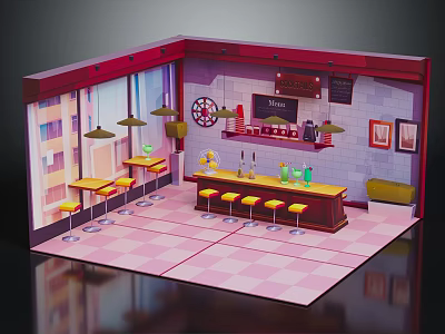 Cartoon Cafe Interior Scene With Counter Yellow Stools Tables Framed Pictures And Pink Checkered Floor 3d model