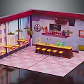 Cartoon Cafe Interior Scene With Counter Yellow Stools Tables Framed Pictures And Pink Checkered Floor