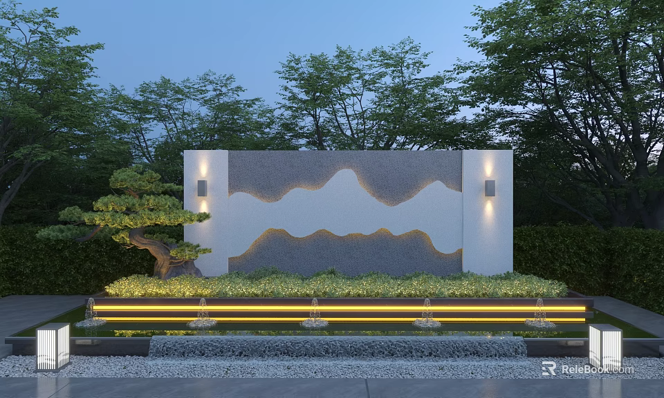 Modern Courtyard Landscape Wall With Mountain Pattern Green Plants Lighting And Pebble Ground 3d model 