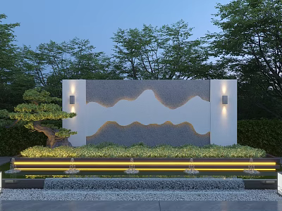 Modern Courtyard Landscape Wall With Mountain Pattern Green Plants Lighting And Pebble Ground 3d model