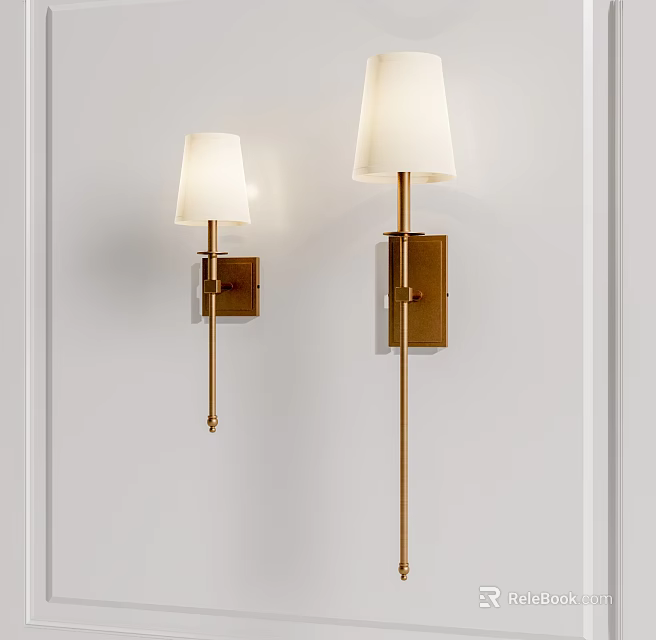 Modern Wall Lamps With White Fabric Shades And Brass Finish Mounted On White Wall 3d model 