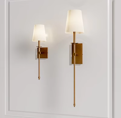 Modern Wall Lamps With White Fabric Shades And Brass Finish Mounted On White Wall 3d model