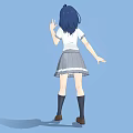 Woman with Blue Hair and Blue Eyes Making Peace Sign Wearing White Shirt Gray Skirt