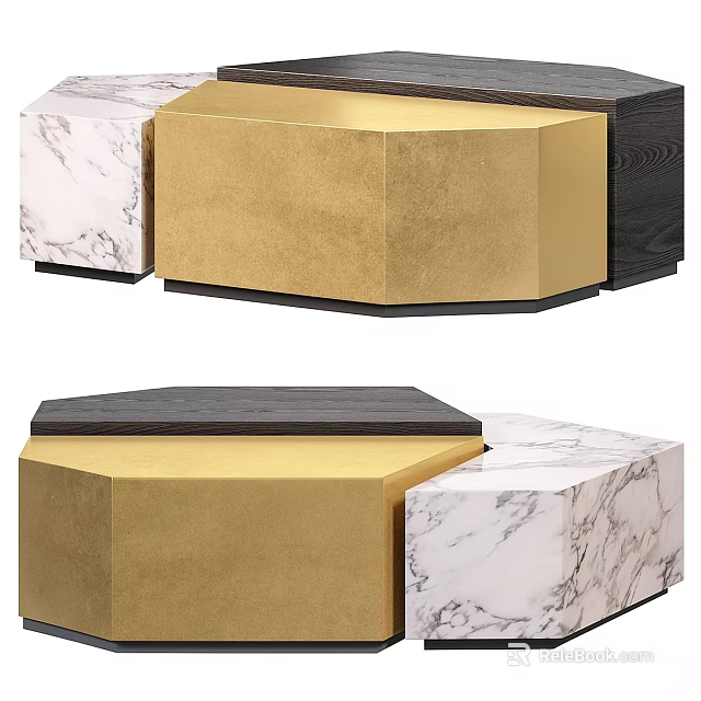 Modern Functional Desk Featuring Golden Metal Marble and Black Wooden Unique Design 3d model 