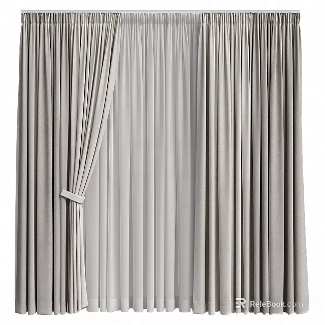 Elegant Gray Modern Curtains With Soft Fabric Drape And Tieback Design 3d model 