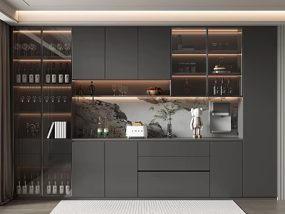 Modern Wine Cabinet Interior With Glass Doors Gray Cabinets Wine Bottles And Decorative Plants 3d model