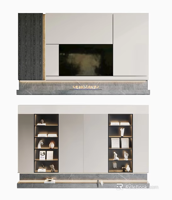 Modern TV Stand With Marble Top White Gray Storage Cabinets And Open Shelves Design 3d model 