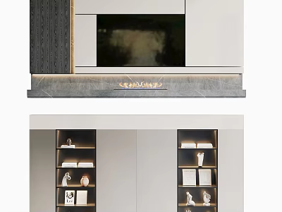 Modern TV Stand With Marble Top White Gray Storage Cabinets And Open Shelves Design 3d model