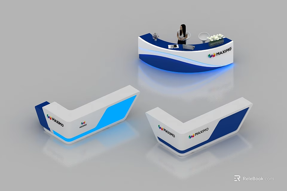Three Stylish Blue And White Modern Curved Reception Desks With Mahakno Logo And Illuminated Base 3d model 