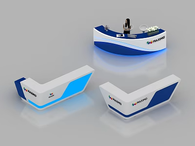 Three Stylish Blue And White Modern Curved Reception Desks With Mahakno Logo And Illuminated Base 3d model