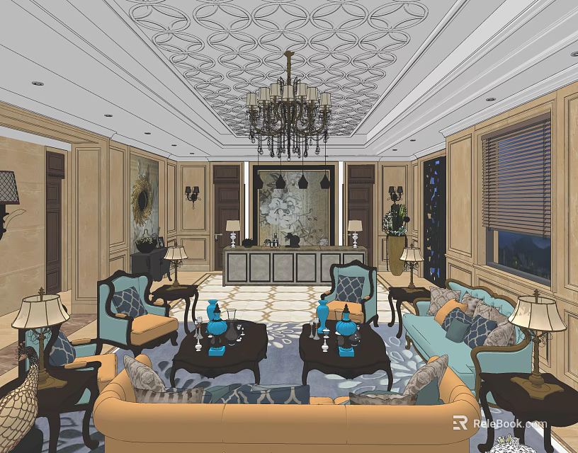 Luxurious Storefront Reception Space With Chandelier Sofas Coffee Tables And Decorative Painting 3d model 