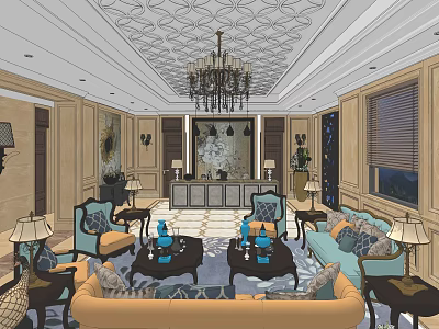 Luxurious Storefront Reception Space With Chandelier Sofas Coffee Tables And Decorative Painting 3d model