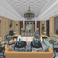 Luxurious Storefront Reception Space With Chandelier Sofas Coffee Tables And Decorative Painting