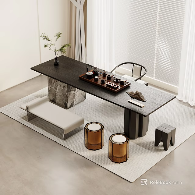 Minimalist Black Tea Table With Chair Drum Stools Chess Set And Teaware 3d model 