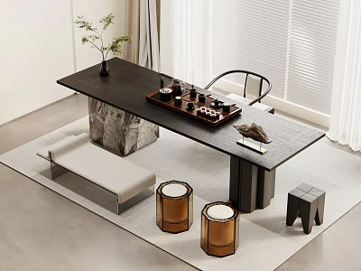 Minimalist Black Tea Table With Chair Drum Stools Chess Set And Teaware 3d model
