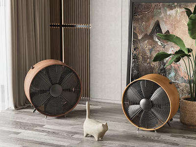 Two Brown Air Cooler Fans With White Cat Figurine And Green Plant In Interior Room 3d model
