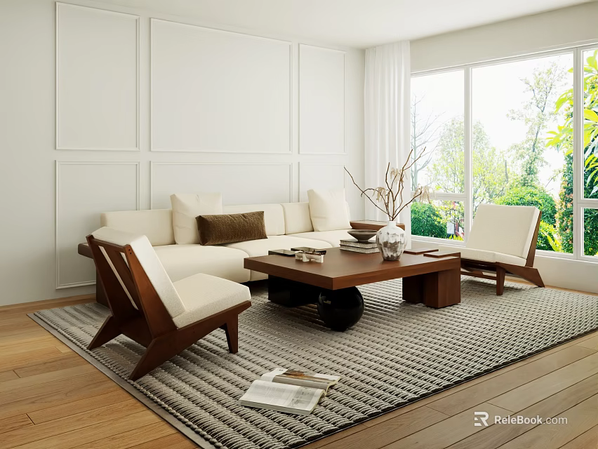 Modern Living Room With Light Sofa And Wooden Coffee Table Set And Chairs On Rug 3d model 