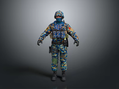 Colorful Camouflage Uniformed Military Soldier with Tactical Helmet Face Mask Vest Gloves and Boots 3d model