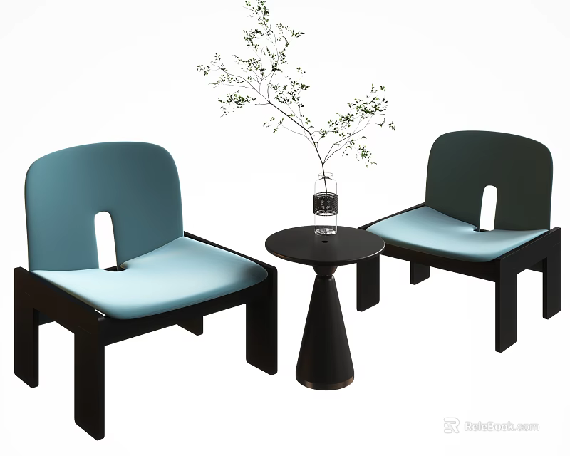 Modern Table and Chairs Set with Blue Cushions Black Frames Conical Base and Vase 3d model