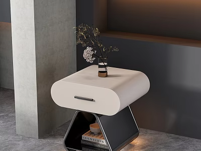 Modern White Black Bedside Table With Drawer Vase Plants And Shelf Books 3d model